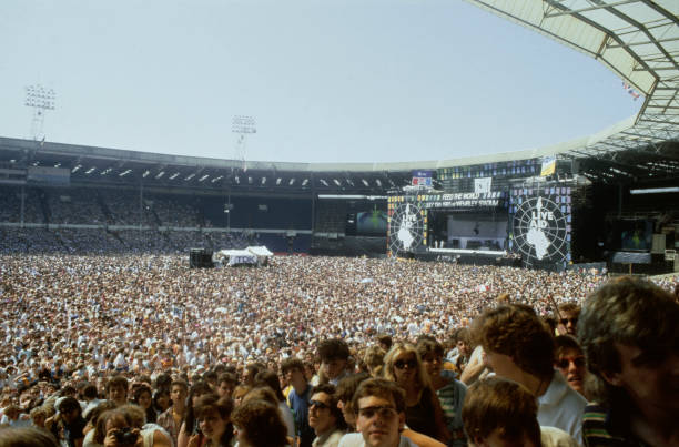 General view of the crowd and stage during the Live Aid concert at Wembley Stadium in London, July 13th 1985. .