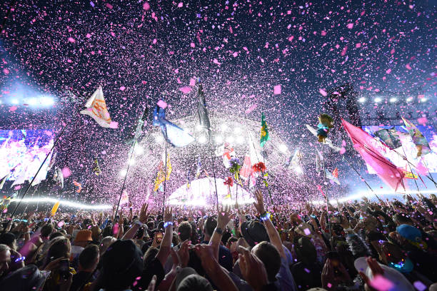 General view of the crowd listening to ColdPlay perform during day four of Glastonbury Festival 2024 at Worthy Farm, Pilton on June 29, 2024 in...