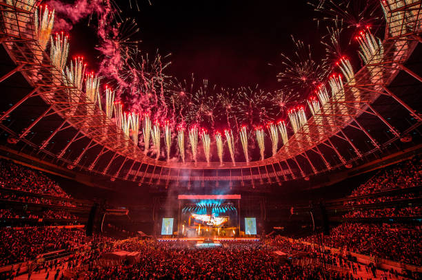 General view of the fireworks during Wizkid's performs at Tottenham Hotspur Stadium on July 29, 2023 in London, England.
