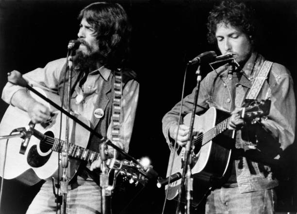 George Harrison and Bob Dylan perform onstage at the Concert for Bangladesh which was held at Madison Square Garden on August 1, 1971 in New York...