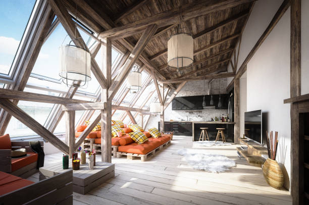 gezellige scandinavische attic loft interieur scène - home decoration stockfoto's en -beelden