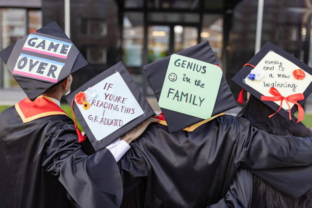 graduation. personalized mortarboards - garden decoration stock pictures, royalty-free photos & images