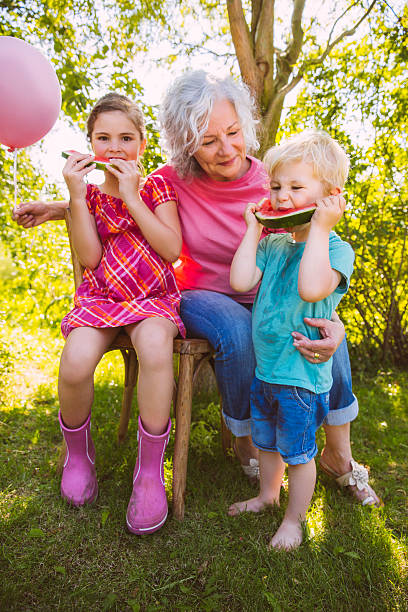 grandmother watching two children eating watermelons in garden - garden decoration stock pictures, royalty-free photos & images
