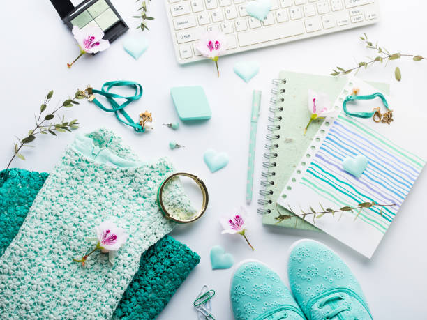 green pastel lifestyle woman clothes flat lay - fashion stock pictures, royalty-free photos & images
