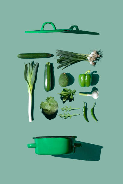 green vegetables on the green background- knolling concept - food stock pictures, royalty-free photos & images