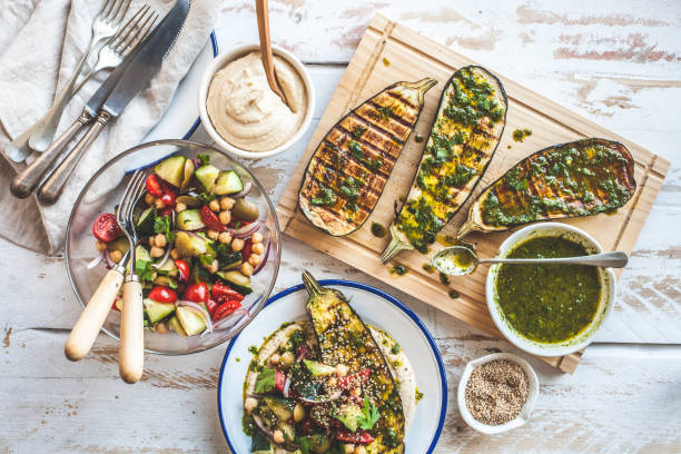 grilled eggplant healthy dinner party - food stock pictures, royalty-free photos & images