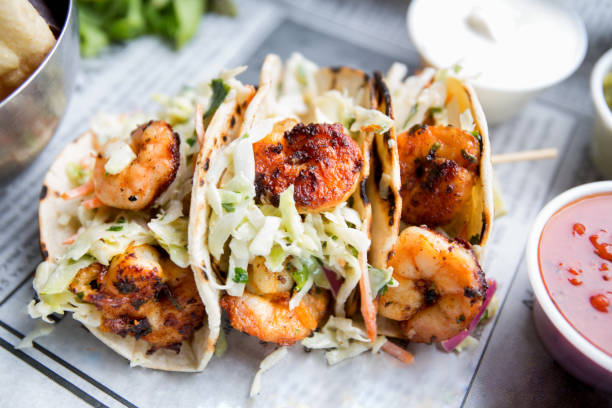 grilled shrimp tacos - junk food stock pictures, royalty-free photos & images