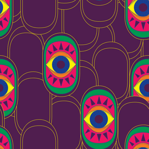 groovy art deco eyes seamless pattern background - home decoration stock illustrations