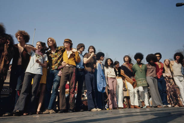 Group of people attending the 'be-in' in Central Park, in the Manhattan borough of New York City, New York, April 1968. The combined Peace Rally and...