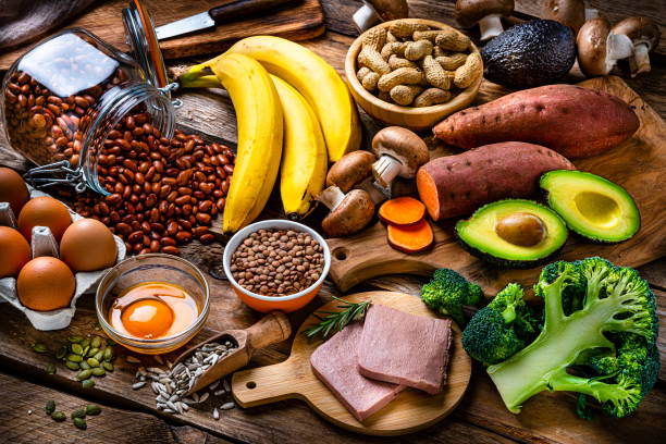 group of raw food with high content of biotin (vitamin b7) - food stock pictures, royalty-free photos & images