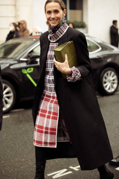 Guest wears black coat, checkered red white and blue dress and olive green bag outside the Loewe presentation during the Womenswear Fall/Winter...