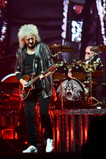 Guitarist Brian May and drummer Roger Taylor perform onstage as Queen + Adam Lambert kick off the "Rhapsody Tour" at CFG Bank Arena on October 04,...