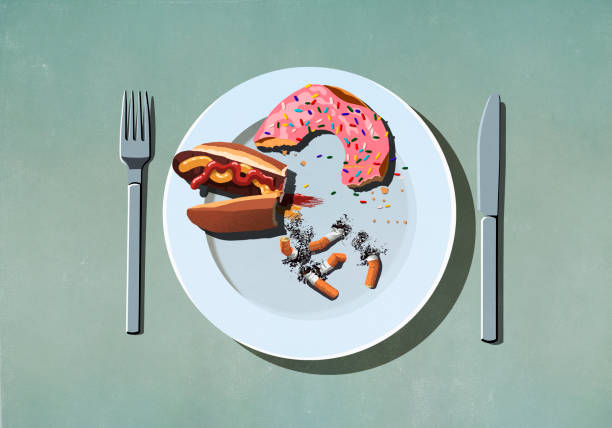 half-eaten hot dog, donut and cigarette butts on plate - junk food stock illustrations