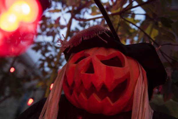 Halloween decorations are seen in a garden at sunset in Washington DC on October 20, 2018. - Spending in the US this year is expected to reach $9...