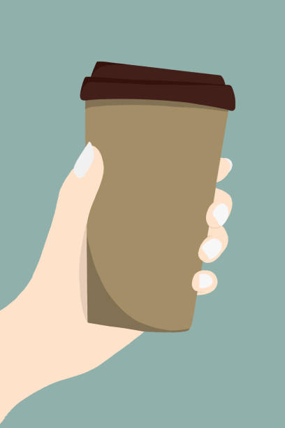 handmade illustration of a hand holding a recyclable cardboard coffee cup. - junk food stock pictures, royalty-free photos & images