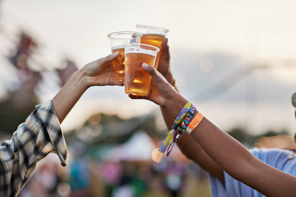 hands of man and women toasting beer at music festival - concert stock pictures, royalty-free photos & images