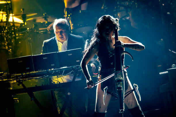 Hans Zimmer and Tina Guo perform on stage at Pala Alpitour on May 01, 2023 in Turin, Italy.