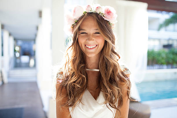 happy beautiful bride laughing close up - hairstyle stock pictures, royalty-free photos & images