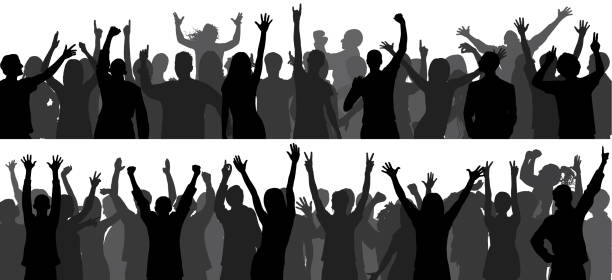happy crowd silhouette (people are complete- a clipping path hides the legs) - concert stock illustrations