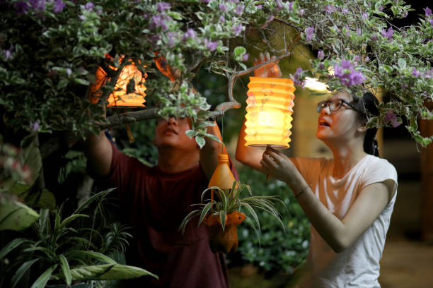 happy mid-autumn festival! - garden decoration stock pictures, royalty-free photos & images
