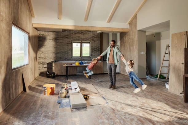 happy single father and his kids having fun in their new house. - home decoration stock pictures, royalty-free photos & images