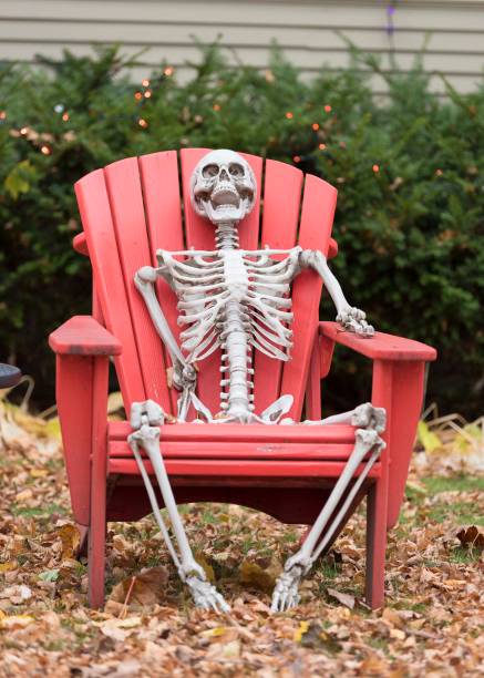 happy skeleton sitting in a chair - home decoration stock pictures, royalty-free photos & images