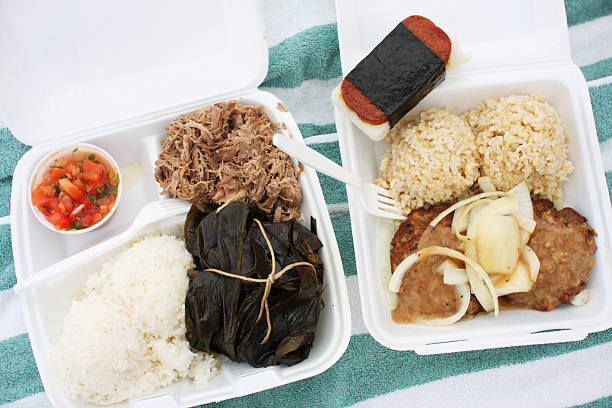 hawaiian plate lunch - food stock pictures, royalty-free photos & images
