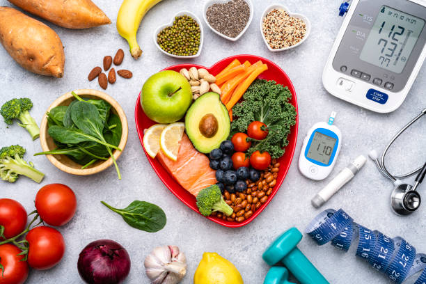 healthy eating for blood glucose, blood pressure and weight control concept - food stock pictures, royalty-free photos & images