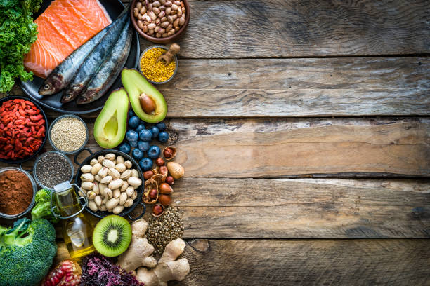 healthy eating: selection of antioxidant group of food frame. copy space - food stock pictures, royalty-free photos & images