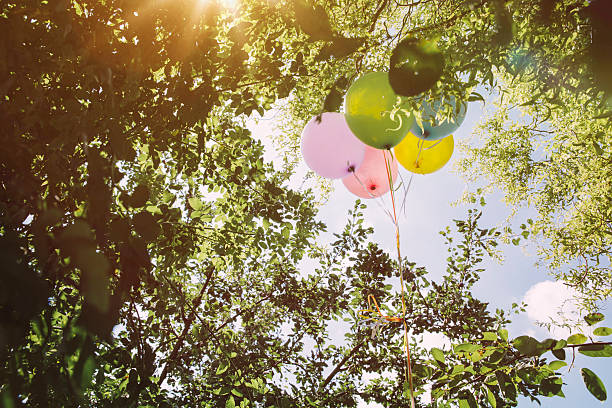 helium ballons hanging in trees - garden decoration stock pictures, royalty-free photos & images