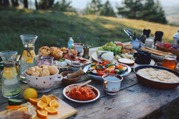 high angle image of a rustic, wooden food table - food stock pictures, royalty-free photos & images