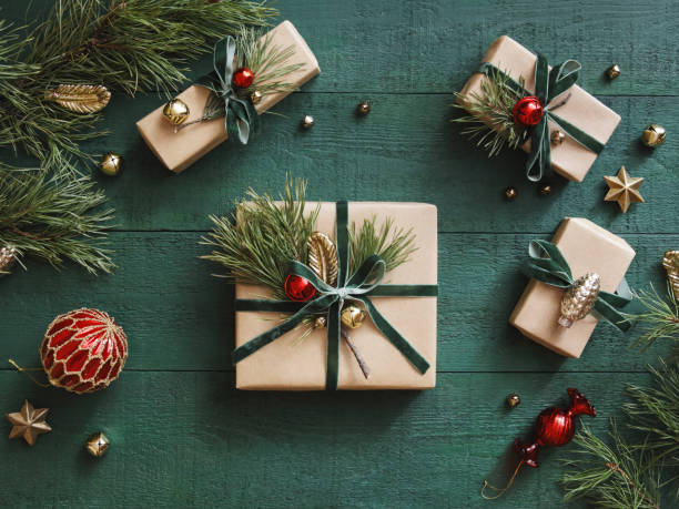 high angle view of christmas present - home decoration stock pictures, royalty-free photos & images