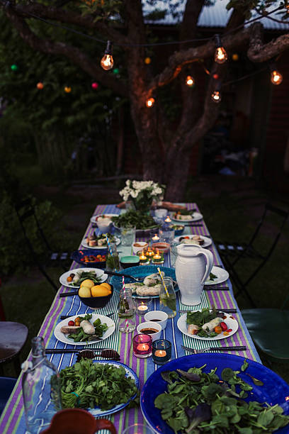 high angle view of food served on dining table for dinner party at yard - garden decoration stock pictures, royalty-free photos & images