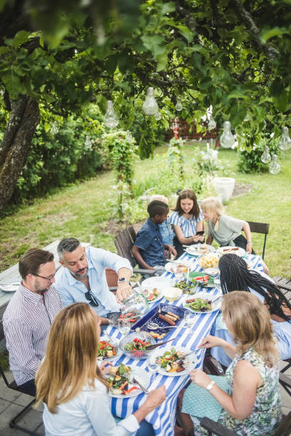 high angle view of friends and family enjoying at dining table in garden party - garden decoration photos et images de collection