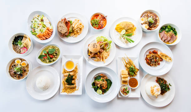 high angle view of variety food on table - stock photo - food stock pictures, royalty-free photos & images