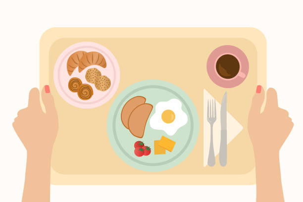 high angle view of woman hand holding breakfast tray - food stock illustrations