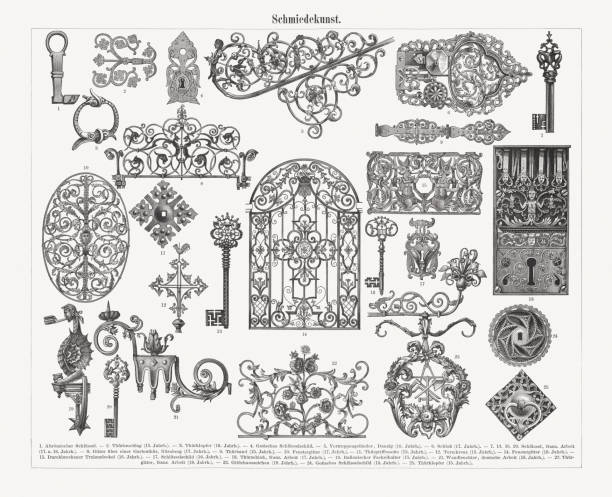 historic ironwork (gothic-, renaissance-, baroque-style), wood engravings, published 1897 - garden decoration stock illustrations