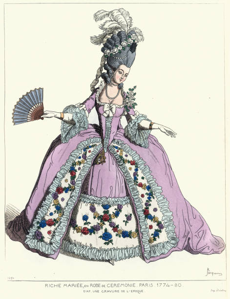history of fashion 18th century, rich bride, in ceremonial dress. paris. 1774-80 - fashion stock illustrations