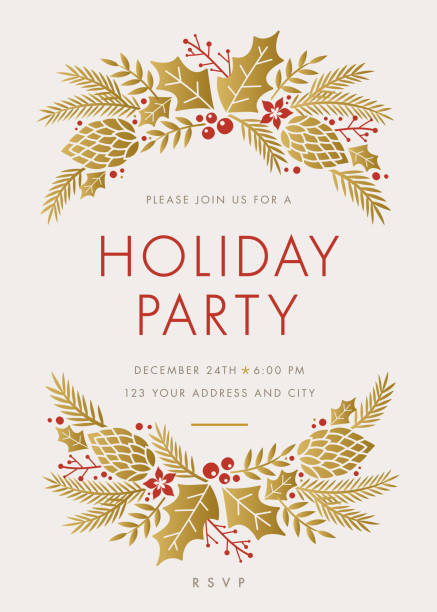 holiday party invitation with wreath. - home decoration stock illustrations