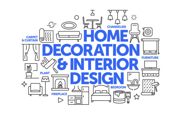 home decoration and interior design related web banner line style. modern linear design vector illustration for web banner, website header etc. - home decoration stock illustrations