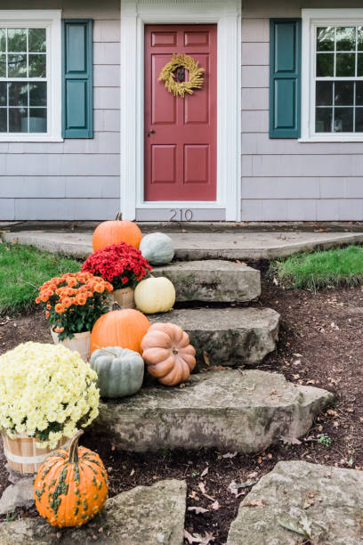 home entrance decorated for autumn - garden decoration stock pictures, royalty-free photos & images