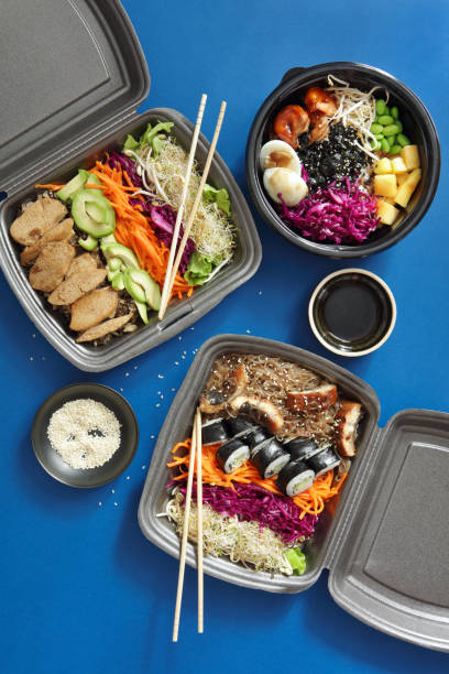 homemade poke noodle salad with unagi eel, vegan poke bowl and poke with grilled prawns - junk food stock pictures, royalty-free photos & images