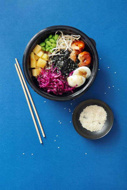 homemade poke with grilled prawns - junk food stock pictures, royalty-free photos & images