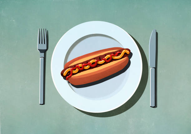 hot dog with ketchup and mustard on plate - junk food stock illustrations