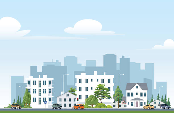 housing apartment and city life. cityscape with houses and town, flat illustration cartoon style - garden decoration stock illustrations
