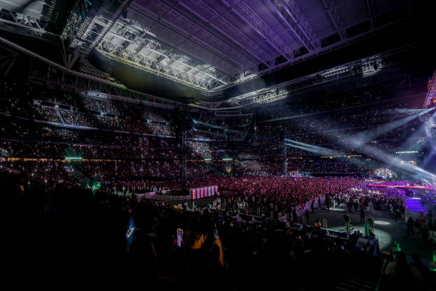 Hundreds of people during a concert by the group Aventura at the Santiago Bernabeu Stadium, on September 7 in Madrid, Spain. The music group...