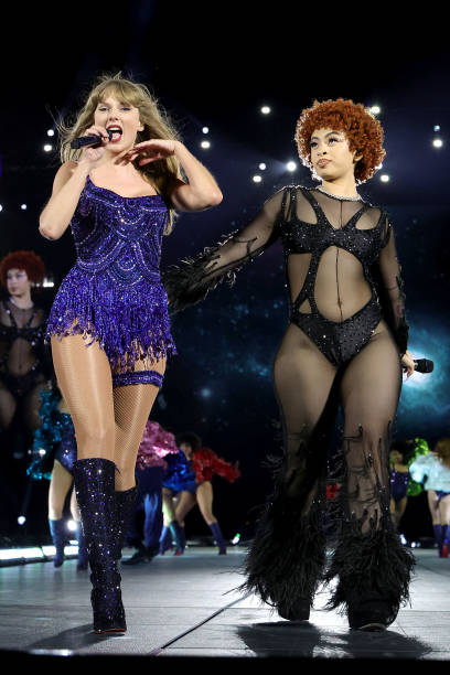 Ice Spice and Taylor Swift perform onstage during "Taylor Swift | The Eras Tour" at MetLife Stadium on May 27, 2023 in East Rutherford, New Jersey.