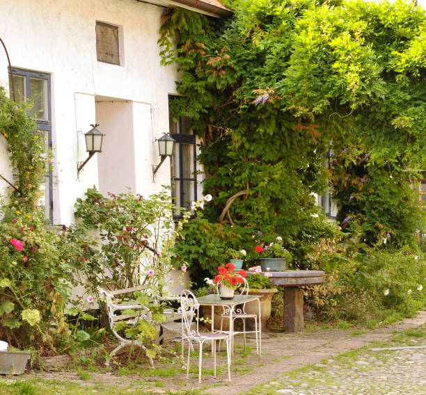 idylle à l'extérieur - garden decoration photos et images de collection