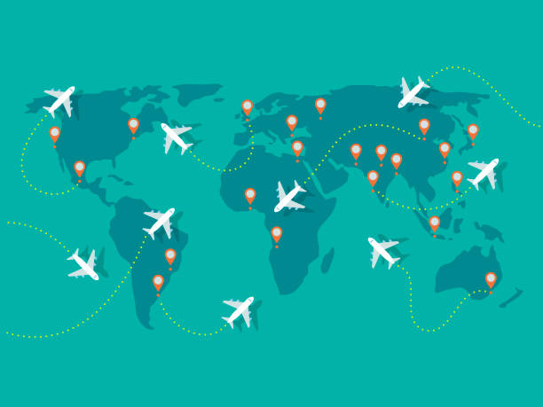 illustration of airplane flights on world map - travel stock illustrations