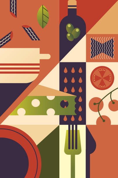 illustration of pasta dish preparation. wine, dining table - food stock illustrations